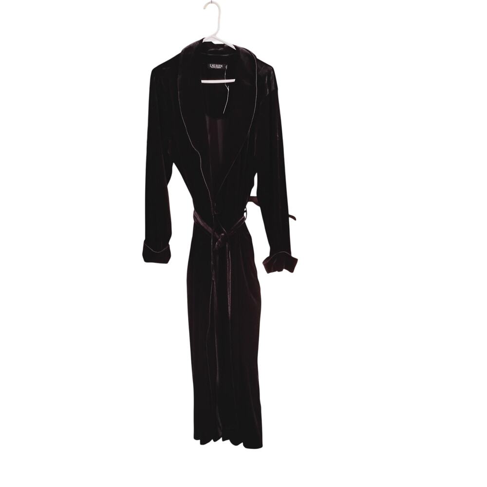 LAUREN Ralph Lauren Large Black Velour Shawl Collar Tie Belt Robe Embroidered